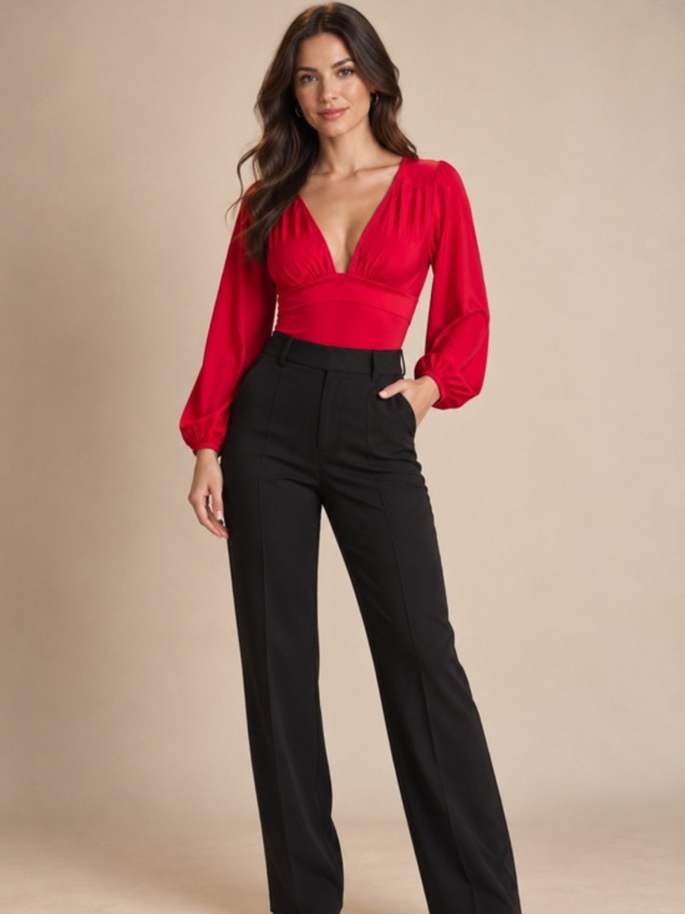 21 Saints Red Satin Plunging V Neck Long Sleeve Bodysuit Medium